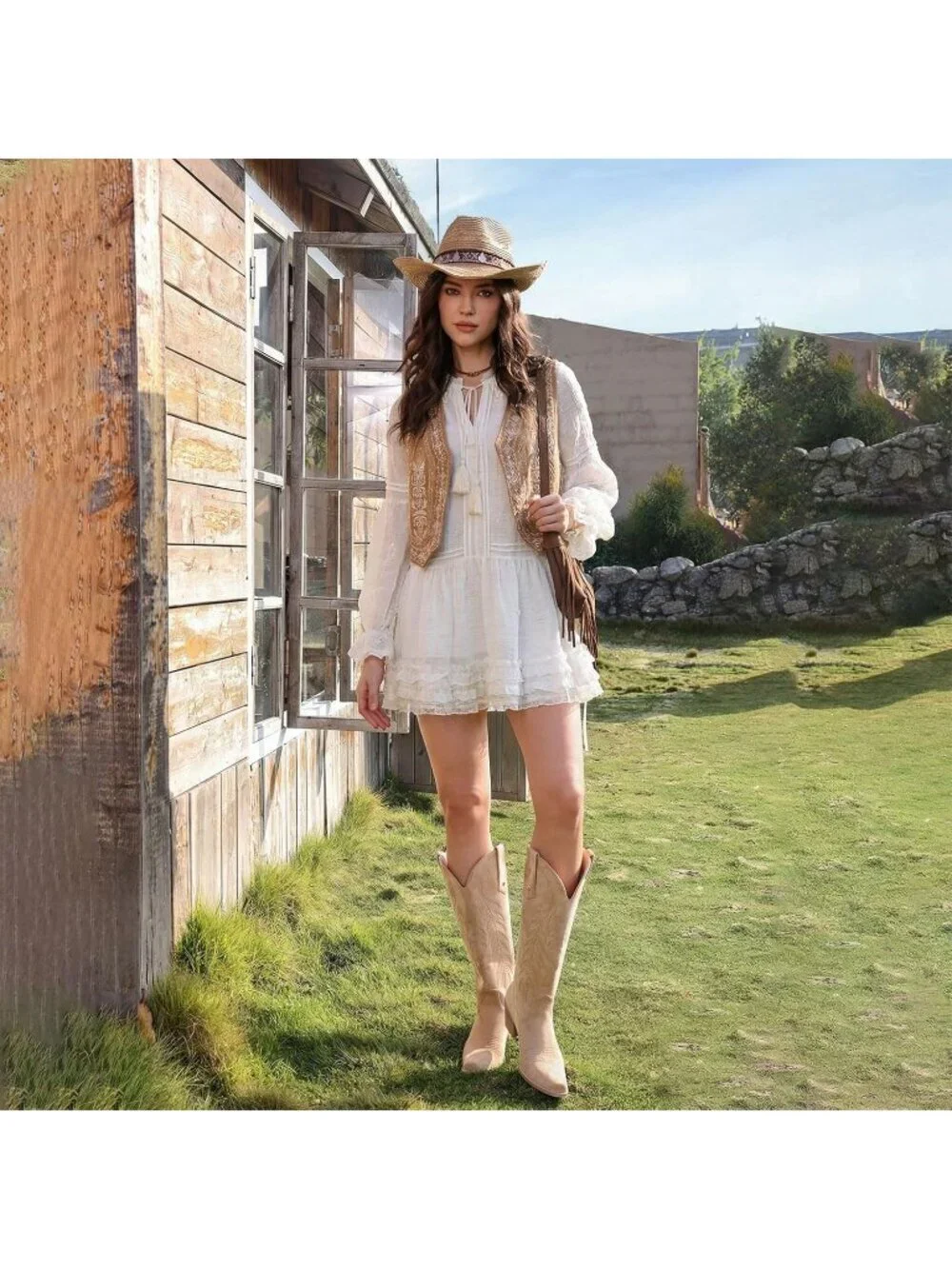 Women's Suede Apricot Cowboy Knee High Cowgirl Boots Pointed Toe Chunky Heels
